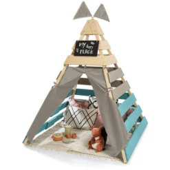 MUDDY BUDDY Speeltent Tipi Voor Buiten "Dreamer" Naturel-warm Grijs-petrol Blauw -Kinder Speel Verkoop muddy buddy speeltent tipi voor buiten dreamer naturel warm grijs petrol blauw a412375 2